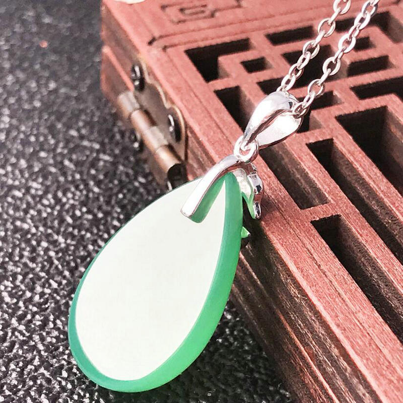 Gold Art Silver inlaid natural green chalcedony water drop pendant Dolphin buckle necklace Daily commuting date to send girlfriend fresh jewelry