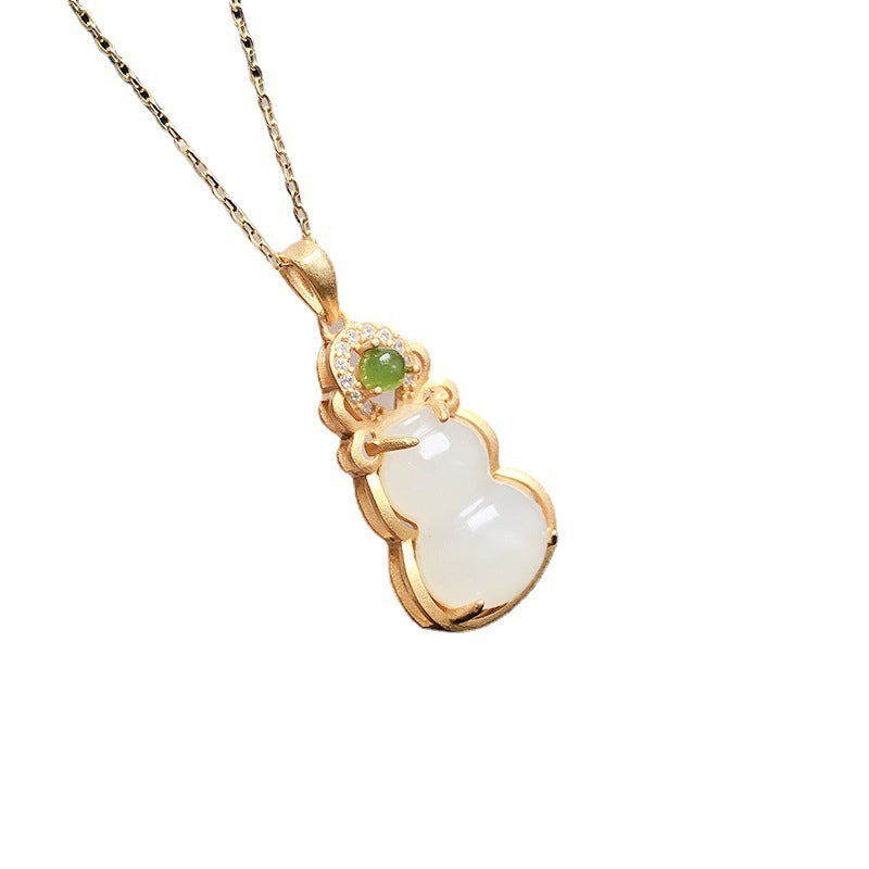 Gold Art Silver-plated Hetian jade gourd pendant, white jade Fulu design, green jade inlaid with diamonds, daily wear, gift jewelry for elders