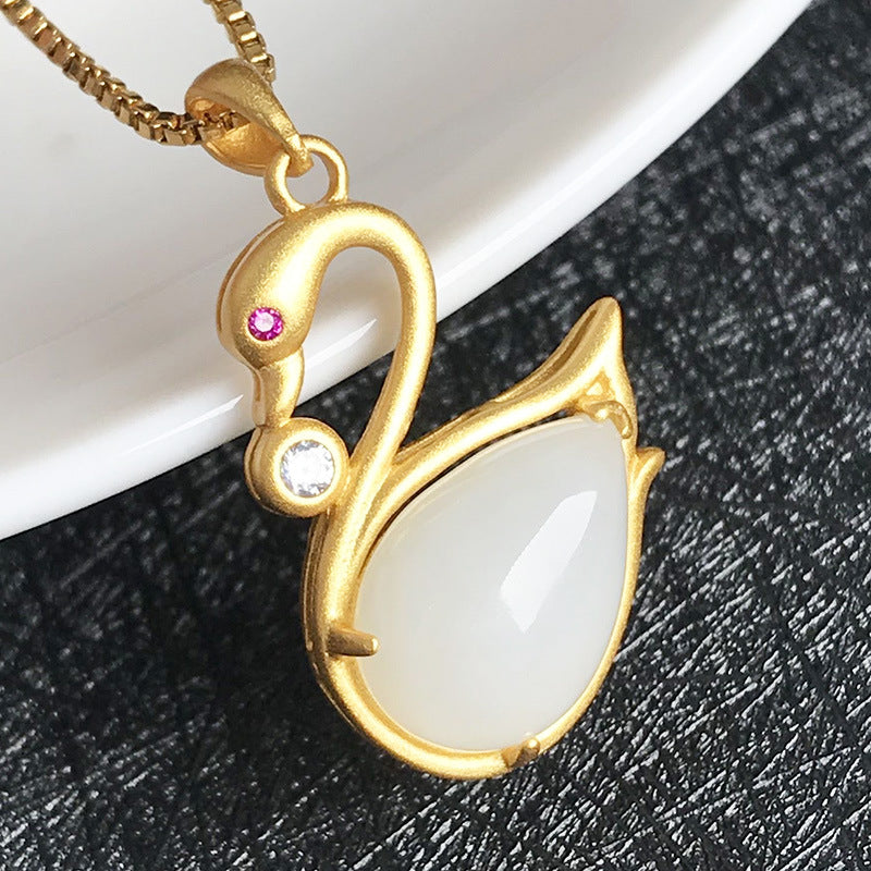 Gold Art Gold-plated Hetian jade swan necklace with rubies and cubic zirconia - perfect for everyday wear, events and gifts