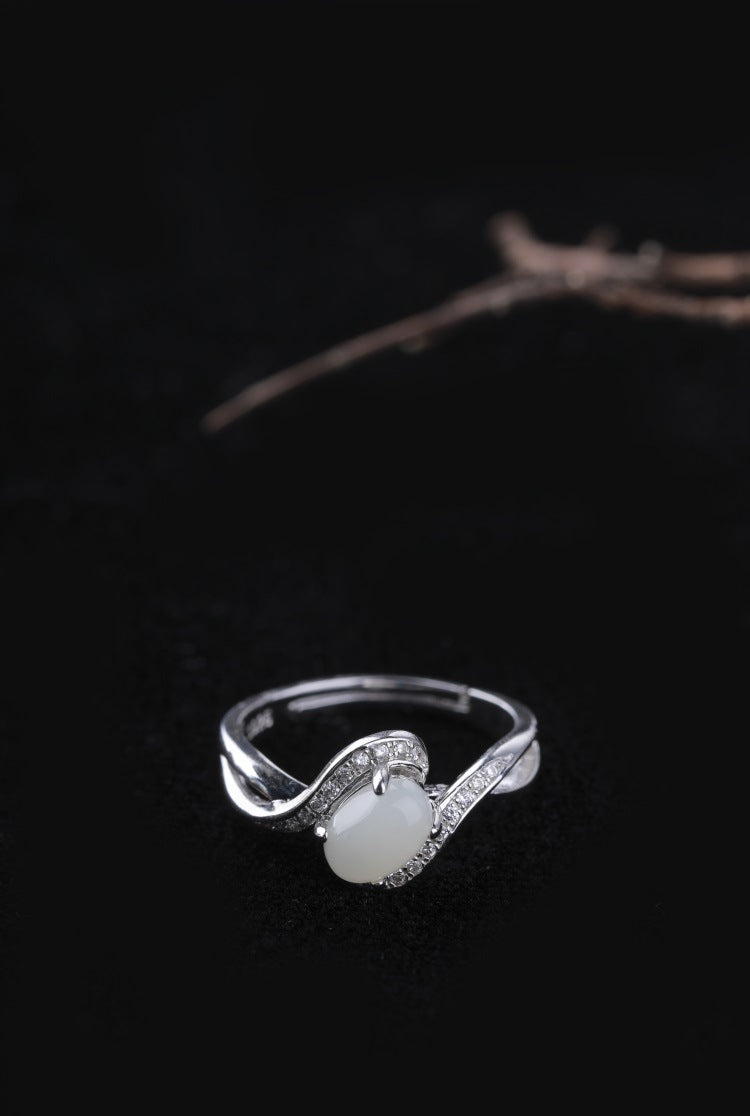 Gold Art With identification certificate | 925 sterling silver and Hetian jade open ring  Curved diamond design full of sense | Daily / gift / commuting all-round adaptation Natural jade + silver support color preservation Elegant and high-end feeling