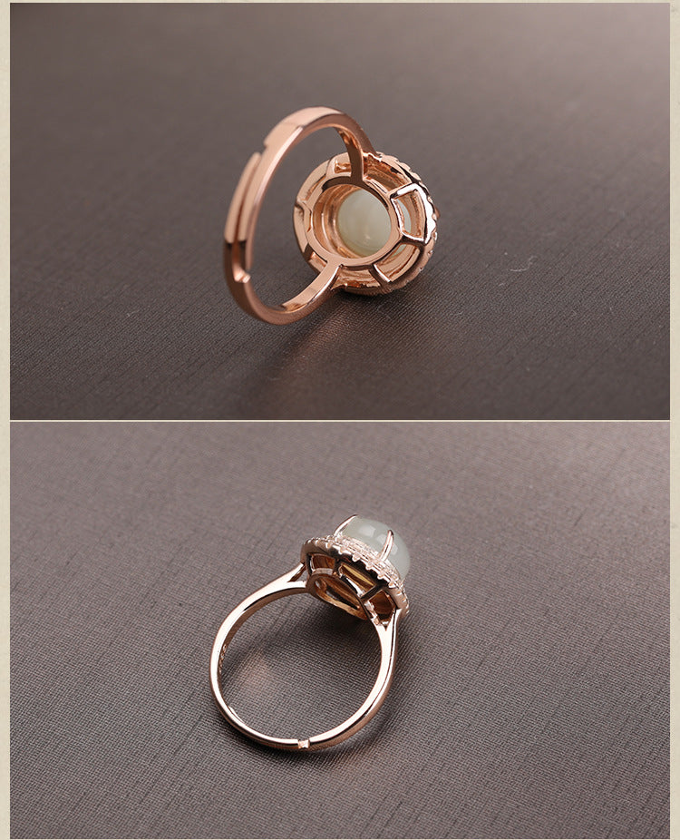 Gold Art With identification certificate｜925 sterling silver plated with rose gold and Hetian jade ring Double-layer diamond-studded oval egg-shaped design Natural jade light luxury texture Elegant and high-end