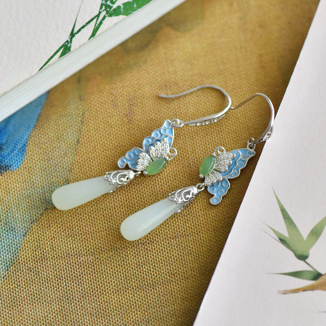 Gold Art Hetian Jade Gold Plated Butterfly Earrings - Enamel, Cubic Zirconia and Drop-Shaped Jade, Perfect for Everyday Wear, Celebrations and Gifts