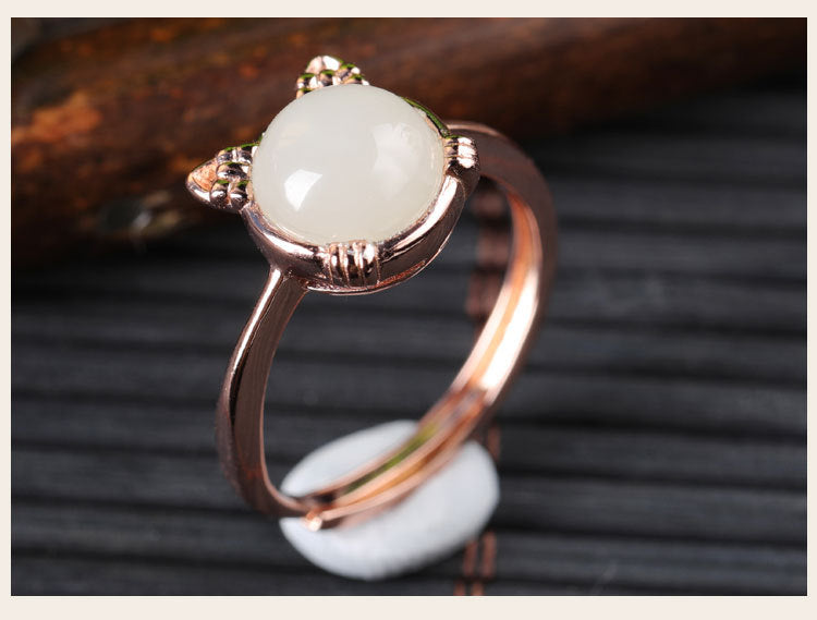 Gold Art  With appraisal certificate | 925 sterling silver with rose gold plated Hetian jade ring  Cute cat shape design | Natural jade + sweet and cute style, captures the hearts of girls!