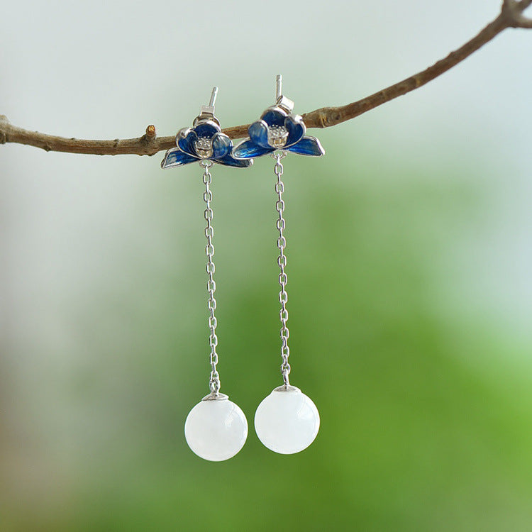 Gold Art Hetian jade earrings with enamel flowers and gold chain - suitable for daily wear and special occasions