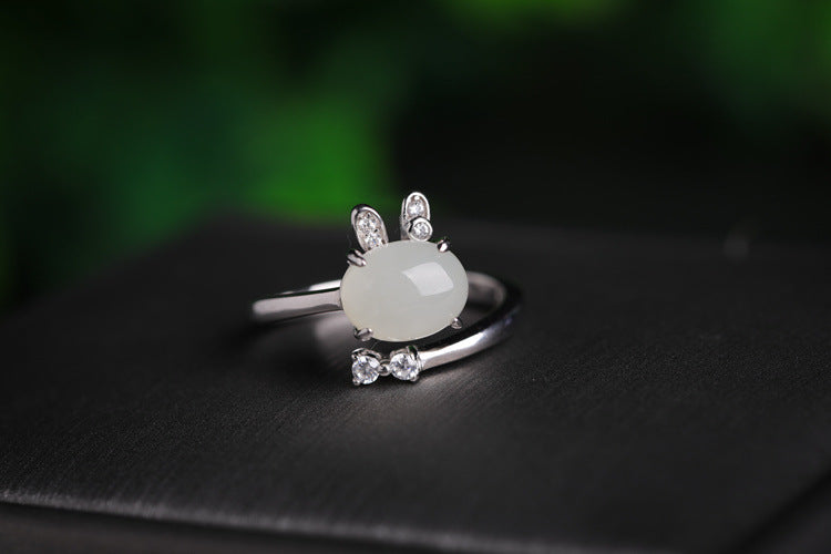 Gold Art With appraisal certificate｜925 sterling silver inlaid with Hetian jade cute rabbit ring  Diamond ear claw design is full of sense｜Daily / Dating / Natural jade + sweet and cute style, girly heart sniper!