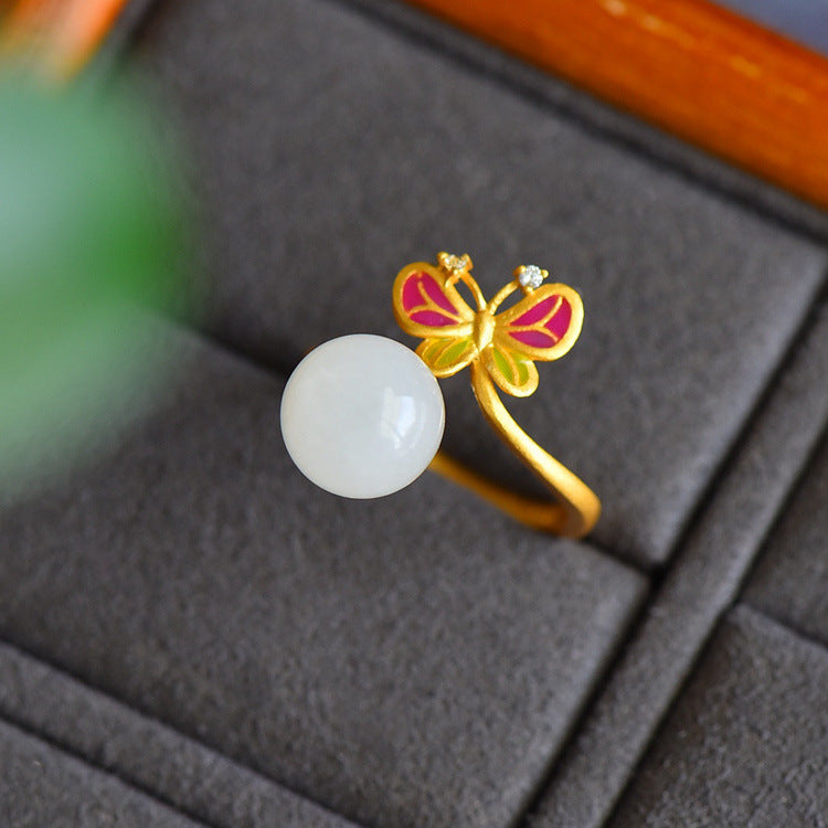 Gold Art  With identification certificate｜925 sterling silver gilt Hetian jade ring Enamel butterfly holding beads design｜Daily / Hanfu / Natural jade Wear the spring butterfly shadow on your fingertips