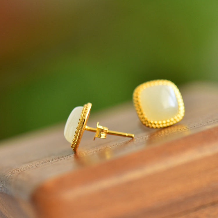Gold Art Natural Hetian Jade Gold Plated Square Stud Earrings - Perfect for Everyday Wear and Special Occasions