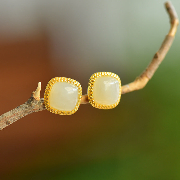 Gold Art Natural Hetian Jade Gold Plated Square Stud Earrings - Perfect for Everyday Wear and Special Occasions