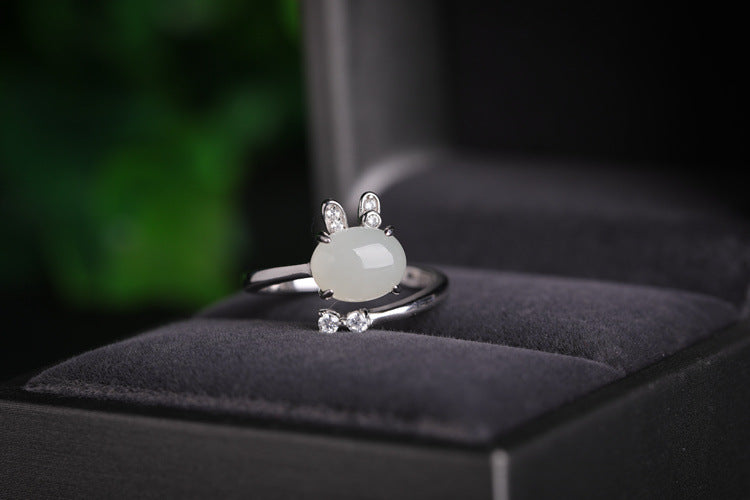Gold Art With appraisal certificate｜925 sterling silver inlaid with Hetian jade cute rabbit ring  Diamond ear claw design is full of sense｜Daily / Dating / Natural jade + sweet and cute style, girly heart sniper!