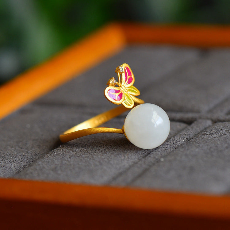 Gold Art  With identification certificate｜925 sterling silver gilt Hetian jade ring Enamel butterfly holding beads design｜Daily / Hanfu / Natural jade Wear the spring butterfly shadow on your fingertips