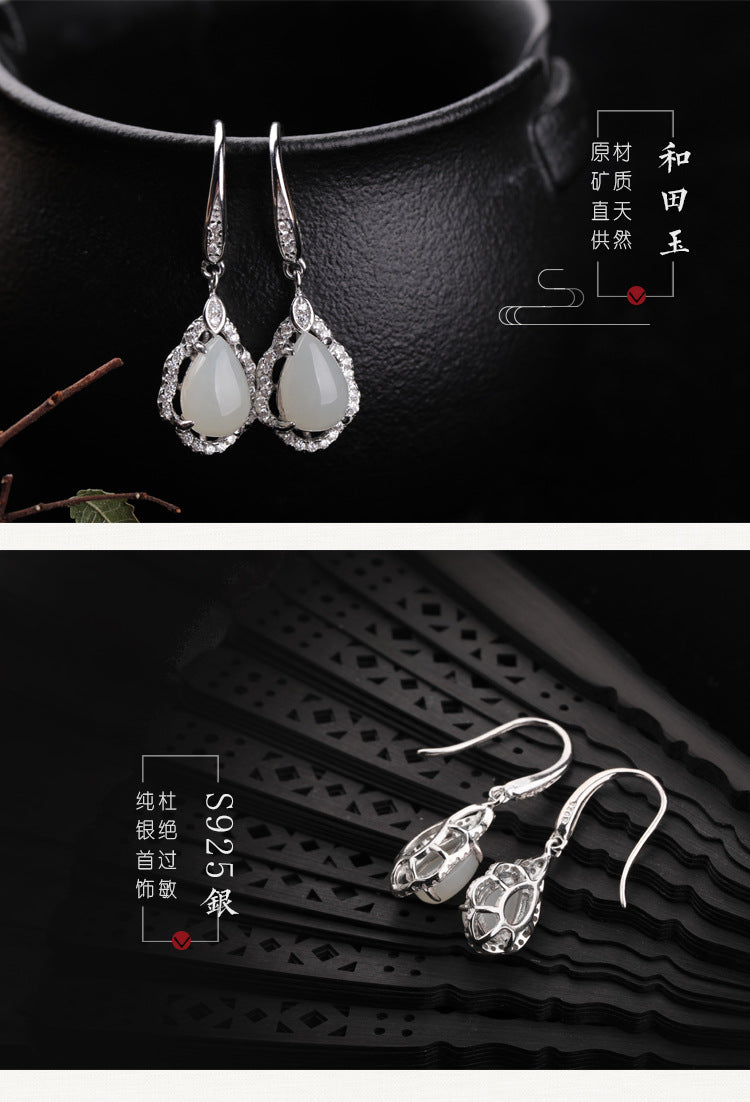 Gold Art  Exquisite platinum-plated Nephrite jade earrings – teardrop-shaped design with cubic zirconia, perfect for everyday wear or gift giving