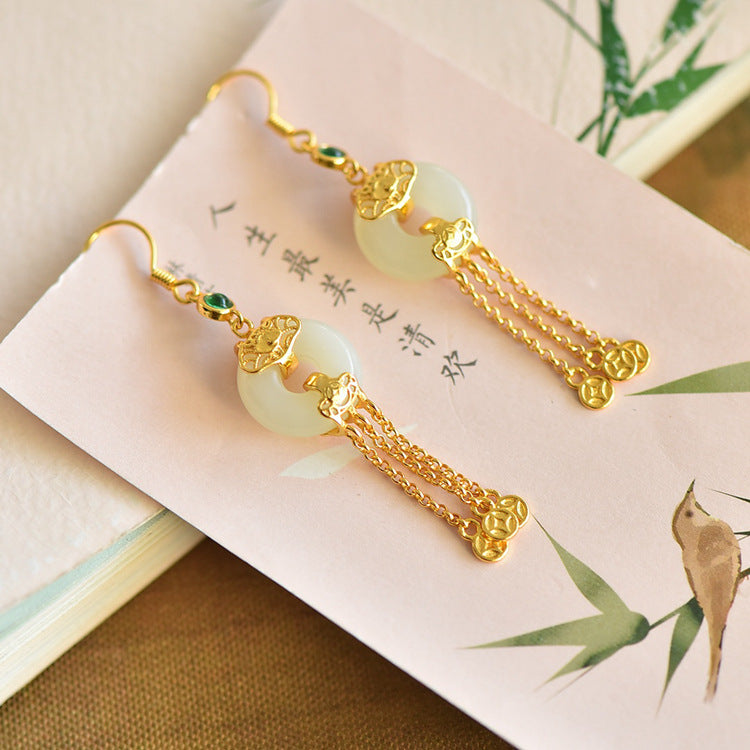 Gold Art Exquisite Gold Plated Hetian Jade Earrings - Tassel and Emerald, Suitable for Daily Wear and Gift Giving