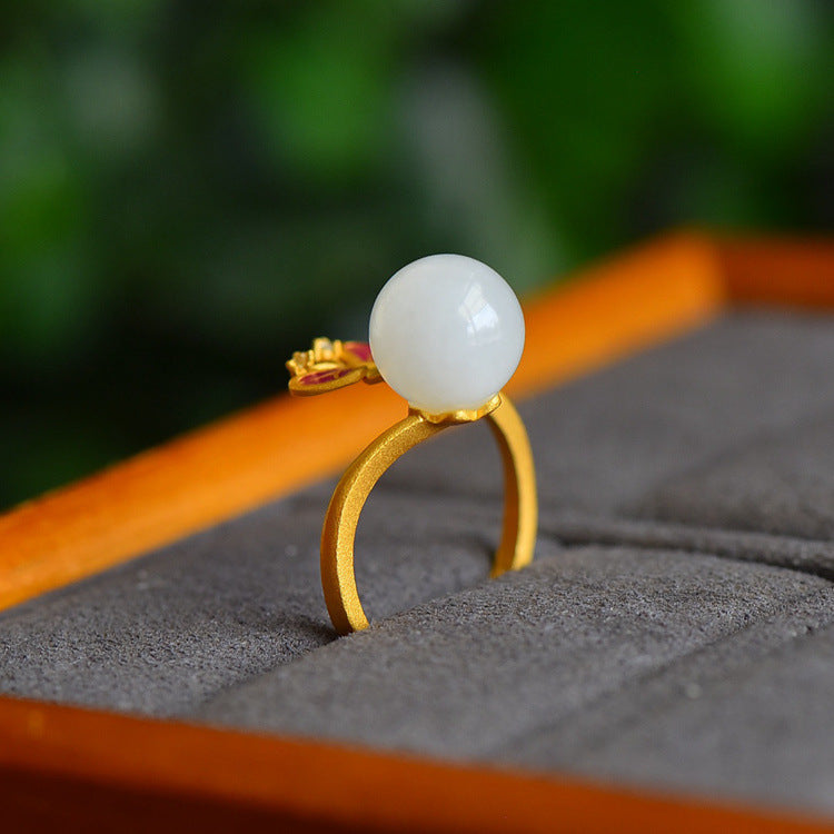 Gold Art  With identification certificate｜925 sterling silver gilt Hetian jade ring Enamel butterfly holding beads design｜Daily / Hanfu / Natural jade Wear the spring butterfly shadow on your fingertips