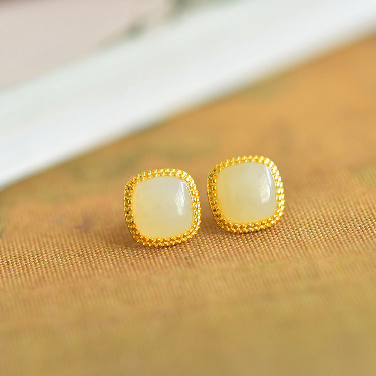 Gold Art Natural Hetian Jade Gold Plated Square Stud Earrings - Perfect for Everyday Wear and Special Occasions