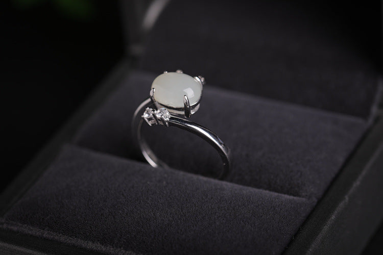 Gold Art With appraisal certificate｜925 sterling silver inlaid with Hetian jade cute rabbit ring  Diamond ear claw design is full of sense｜Daily / Dating / Natural jade + sweet and cute style, girly heart sniper!