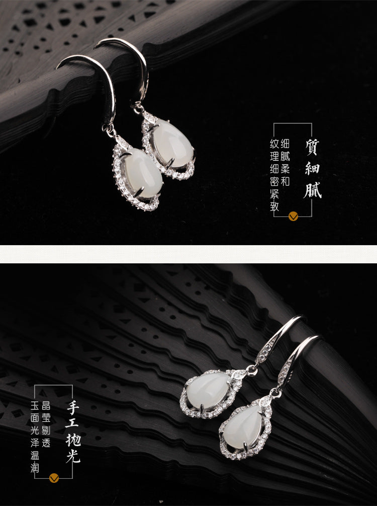 Gold Art  Exquisite platinum-plated Nephrite jade earrings – teardrop-shaped design with cubic zirconia, perfect for everyday wear or gift giving