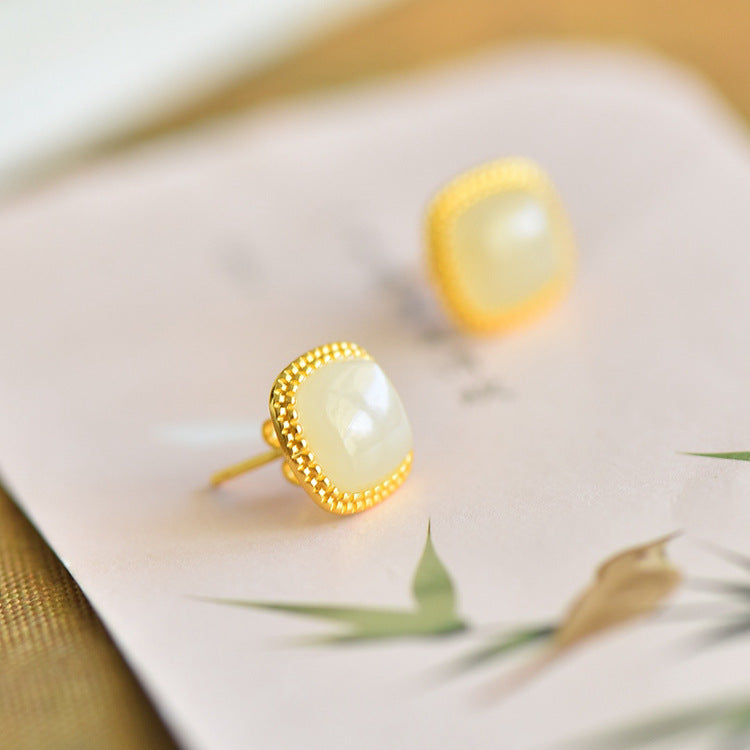 Gold Art Natural Hetian Jade Gold Plated Square Stud Earrings - Perfect for Everyday Wear and Special Occasions
