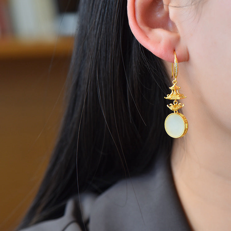 Gold Art Gold Plated Pagoda Pattern Hetian Jade Earrings - Certified for Daily Wear and Gift Giving