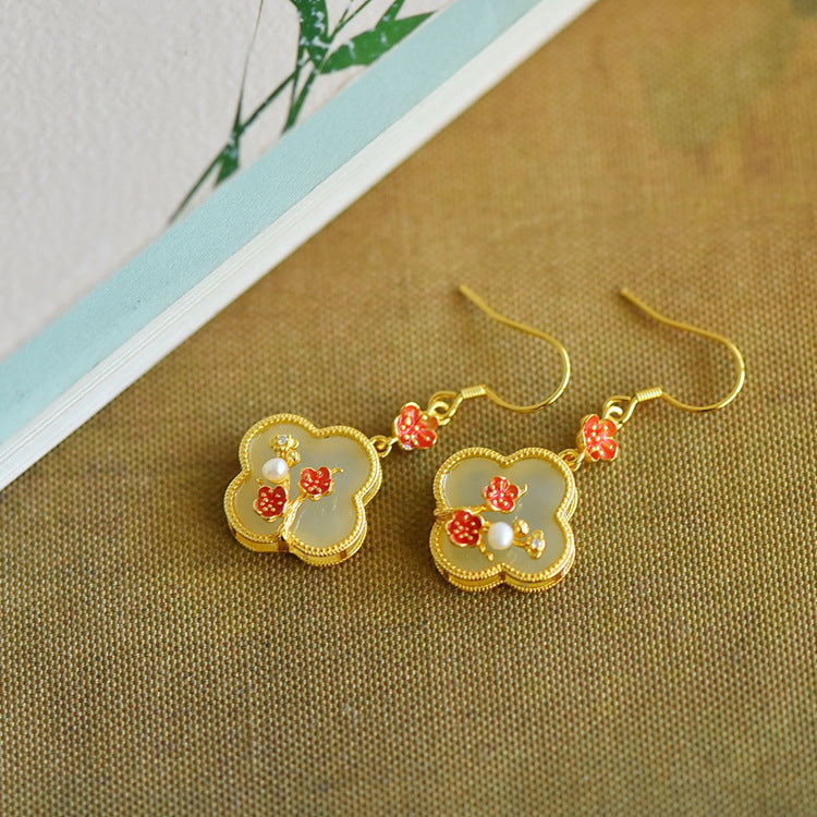 Gold Art Vintage Chinese style Hetian jade earrings - 925 silver gold plated, enamel bamboo, pearls and certified, suitable for daily and special occasions
