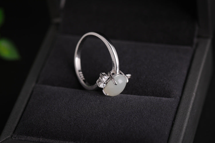 Gold Art With appraisal certificate｜925 sterling silver inlaid with Hetian jade cute rabbit ring  Diamond ear claw design is full of sense｜Daily / Dating / Natural jade + sweet and cute style, girly heart sniper!