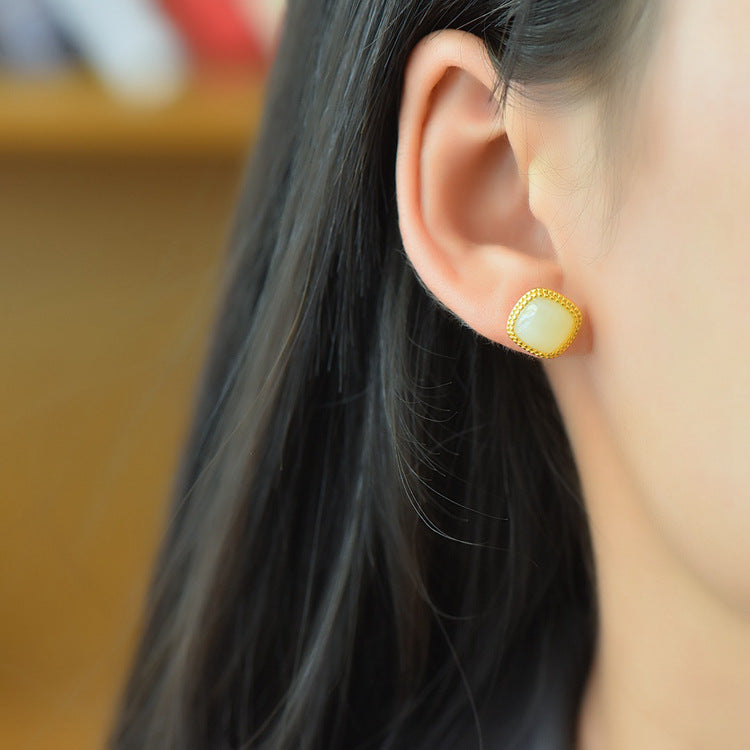 Gold Art Natural Hetian Jade Gold Plated Square Stud Earrings - Perfect for Everyday Wear and Special Occasions