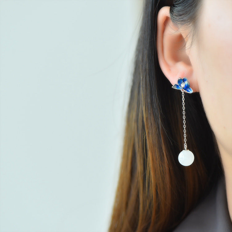 Gold Art Hetian jade earrings with enamel flowers and gold chain - suitable for daily wear and special occasions