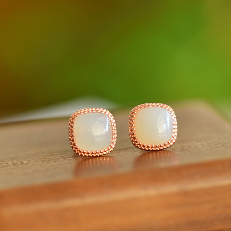Gold Art Natural Hetian Jade Gold Plated Square Stud Earrings - Perfect for Everyday Wear and Special Occasions