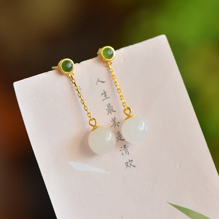 Gold Art Certified Hetian Jade Drop Earrings in 925 Silver – 10mm Beads for Everyday, Events & Gifting