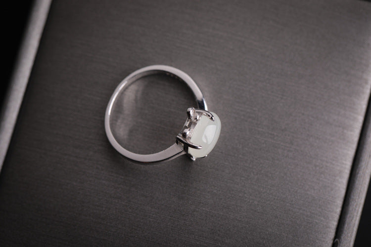 Gold Art With appraisal certificate｜925 sterling silver inlaid with Hetian jade cute rabbit ring  Diamond ear claw design is full of sense｜Daily / Dating / Natural jade + sweet and cute style, girly heart sniper!