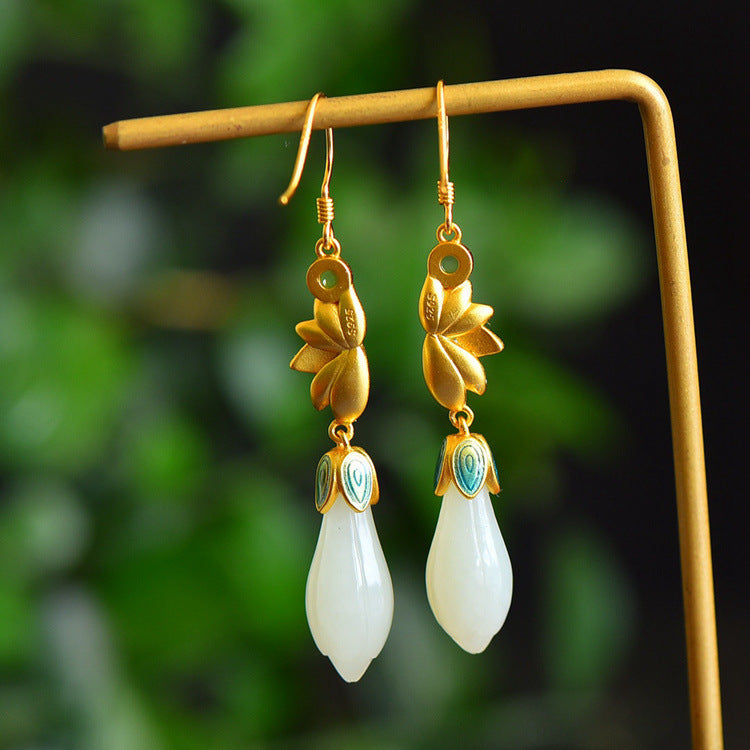 Gold Art  Blue Enamel Floral Sterling Silver Nephrite Jade Earrings – Perfect for Everyday Wear, Celebrations and Gifts