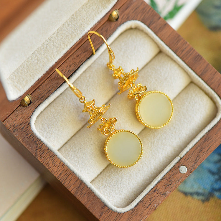 Gold Art Gold Plated Pagoda Pattern Hetian Jade Earrings - Certified for Daily Wear and Gift Giving
