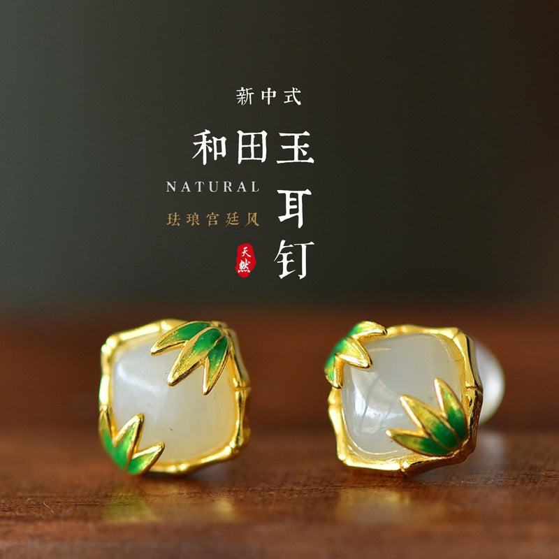 Gold Art New Chinese style Hetian jade bamboo stud earrings - 925 silver with gold plated, certified for daily wear, special occasions and gifts