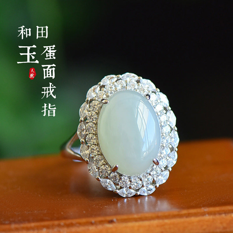 Gold Art 925 sterling silver Hetian jade egg-shaped ring | with identification certificate Full of design sense, suitable for daily life/gift/party and other occasions, exquisite and elegant jade ring