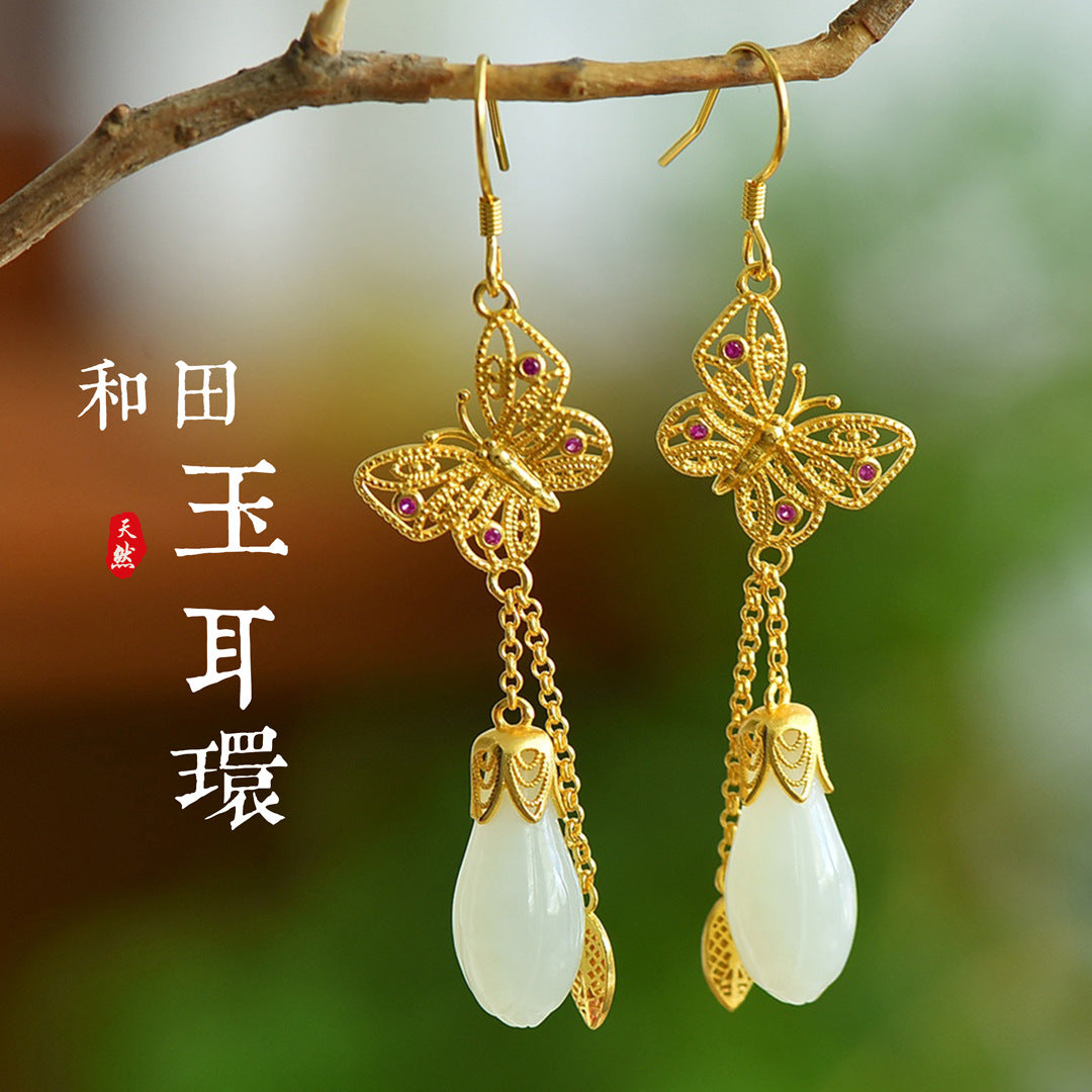 Gold Art Gold plated Nephrite jade drop earrings with butterfly and ruby details - perfect for everyday wear, events and gifts