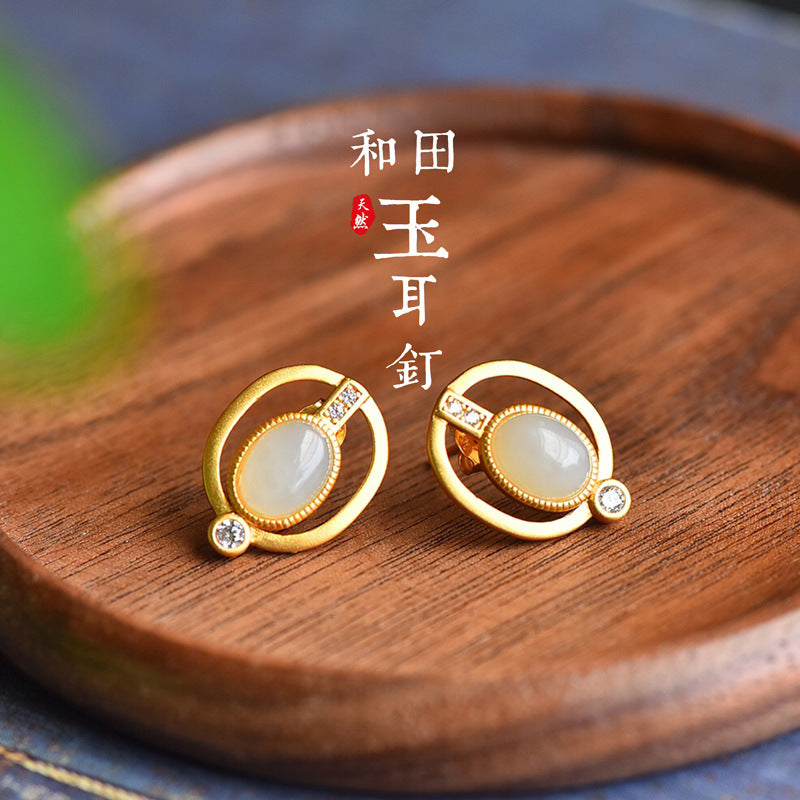 Gold Art Certified Hetian Jade Stud Earrings in Gold Plating - Diamond - Accented, Suitable for Daily Style and Meaningful Gifts