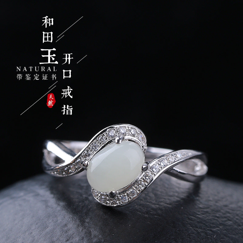 Gold Art With identification certificate | 925 sterling silver and Hetian jade open ring  Curved diamond design full of sense | Daily / gift / commuting all-round adaptation Natural jade + silver support color preservation Elegant and high-end feeling