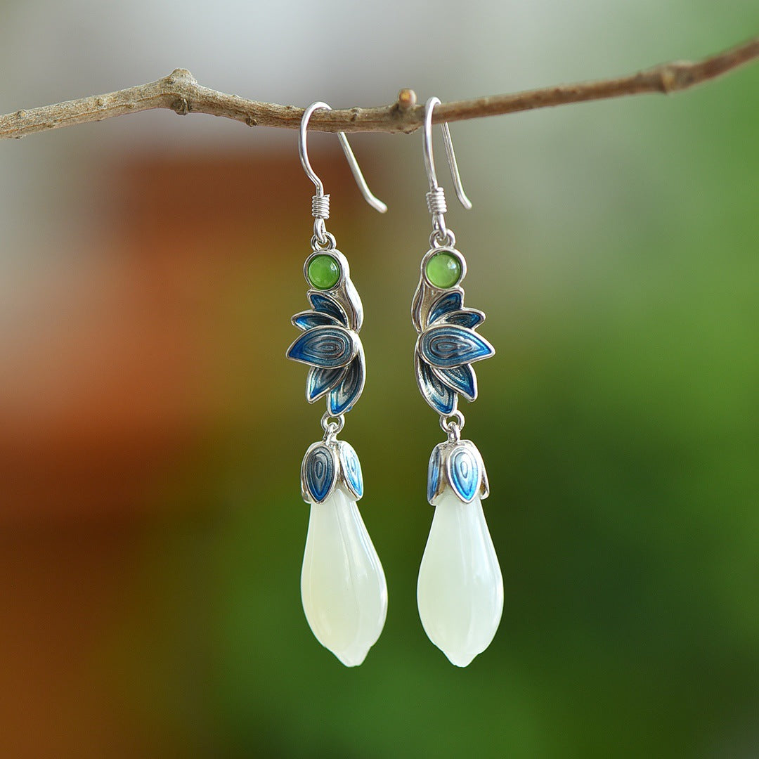 Gold Art  Blue Enamel Floral Sterling Silver Nephrite Jade Earrings – Perfect for Everyday Wear, Celebrations and Gifts