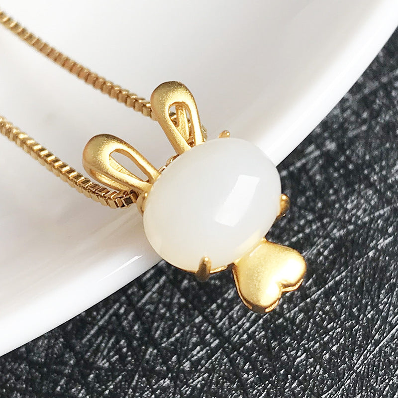 Gold Art Gold-Plated Hetian Jade Bunny Pendant Necklace with Heart Detail – Ideal for Daily Wear & Gifting