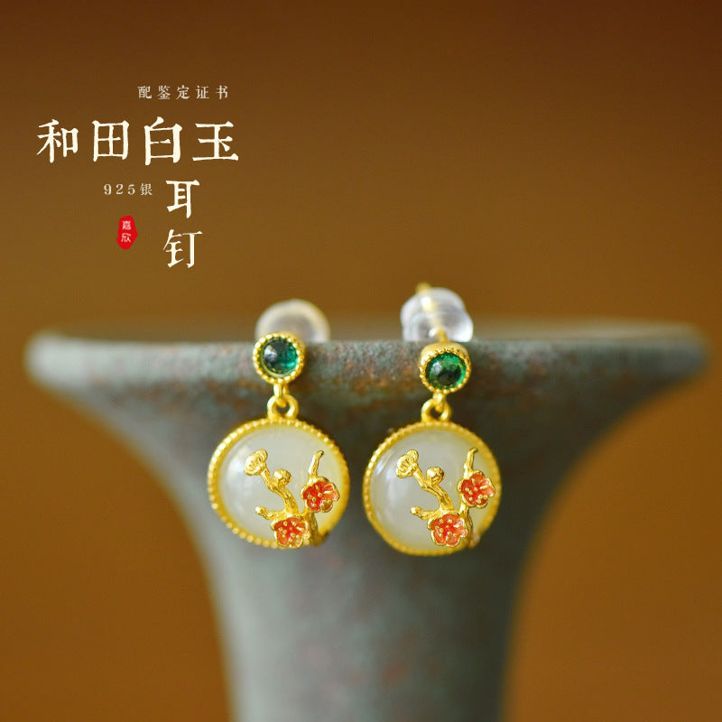 Gold Art Certified Hetian white jade stud earrings, gold plated 925 silver, plum blossom pattern, suitable for daily wear and special occasions