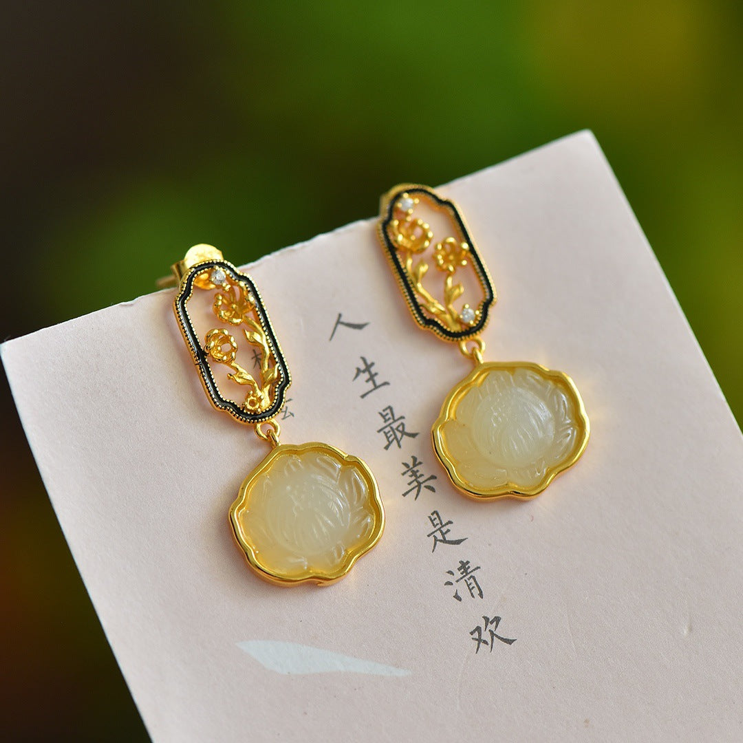 Gold Art  Certified Natural Hetian Jade Earrings - Gold Plated Carved Lotus Design, Decorated with Floral Patterns, Suitable for Daily Wear and Gift Giving