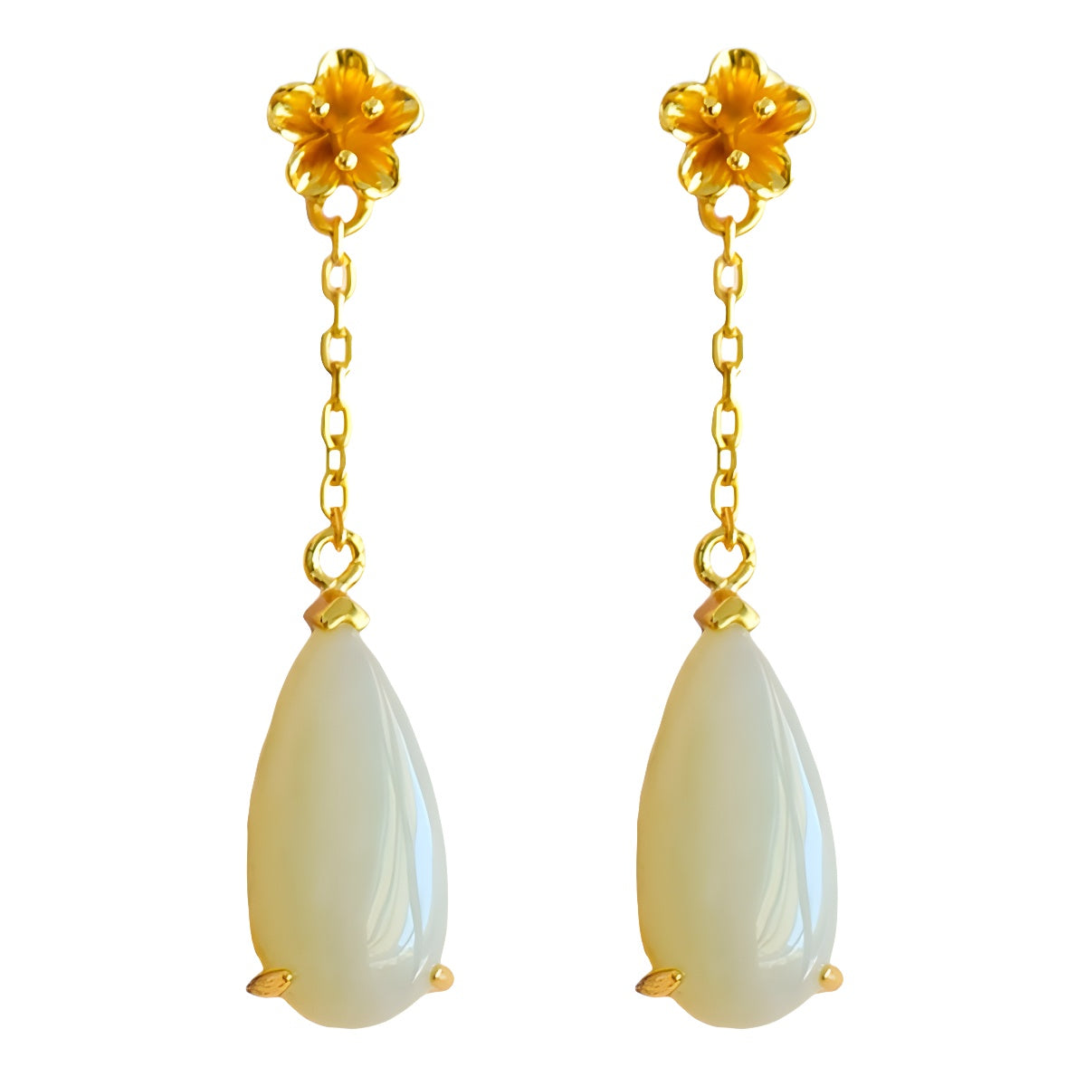 Gold Art Certified Natural Hetian Jade Earrings - Gold Plated Flower and Teardrop Design, Perfect for Everyday Wear, Gift Giving and Special Occasions