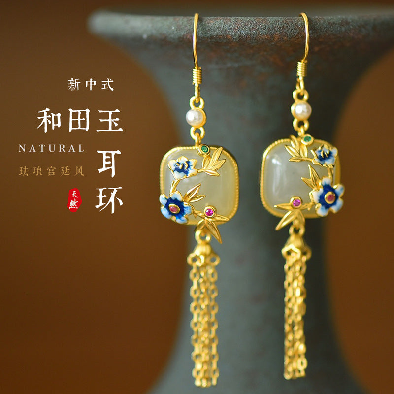 Gold Art Certified natural Hetian jade earrings - New Chinese palace style, with enamel and gold tassels, suitable for daily wear and gift giving