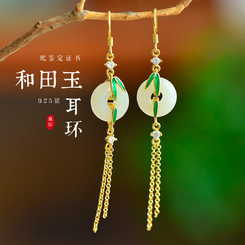 Gold Art Exquisite Gold Plated 925 Silver Hetian Jade Earrings - Bamboo, Tassel and Certified, Suitable for Daily Wear and Gift Giving