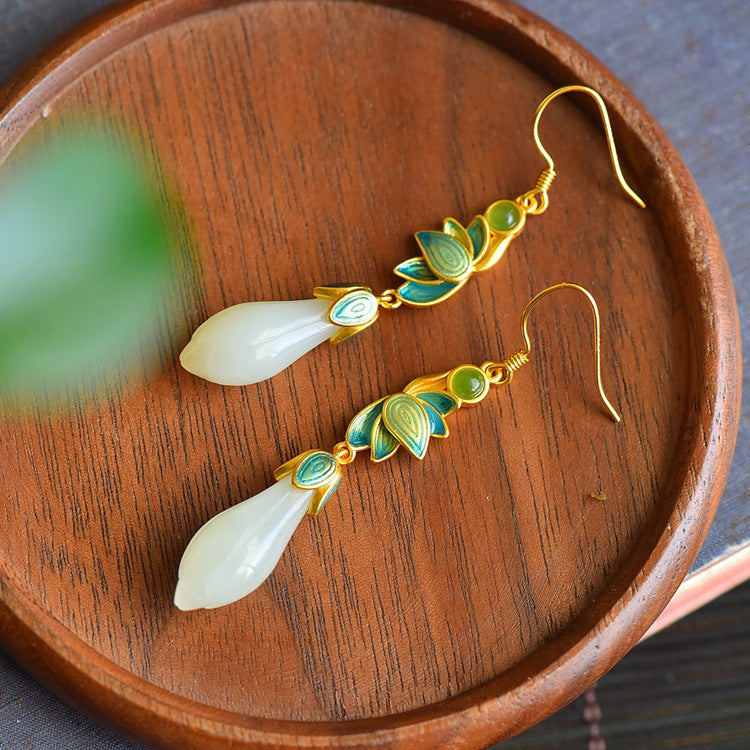 Gold Art  Blue Enamel Floral Sterling Silver Nephrite Jade Earrings – Perfect for Everyday Wear, Celebrations and Gifts