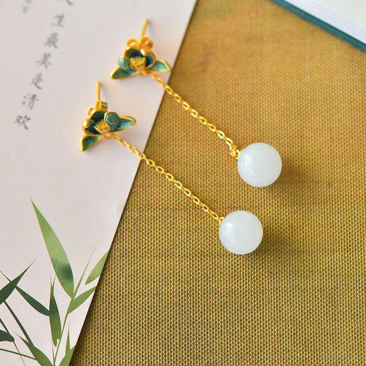 Gold Art Hetian jade earrings with enamel flowers and gold chain - suitable for daily wear and special occasions