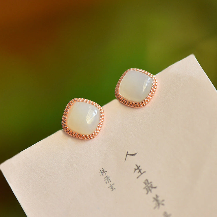 Gold Art Natural Hetian Jade Gold Plated Square Stud Earrings - Perfect for Everyday Wear and Special Occasions