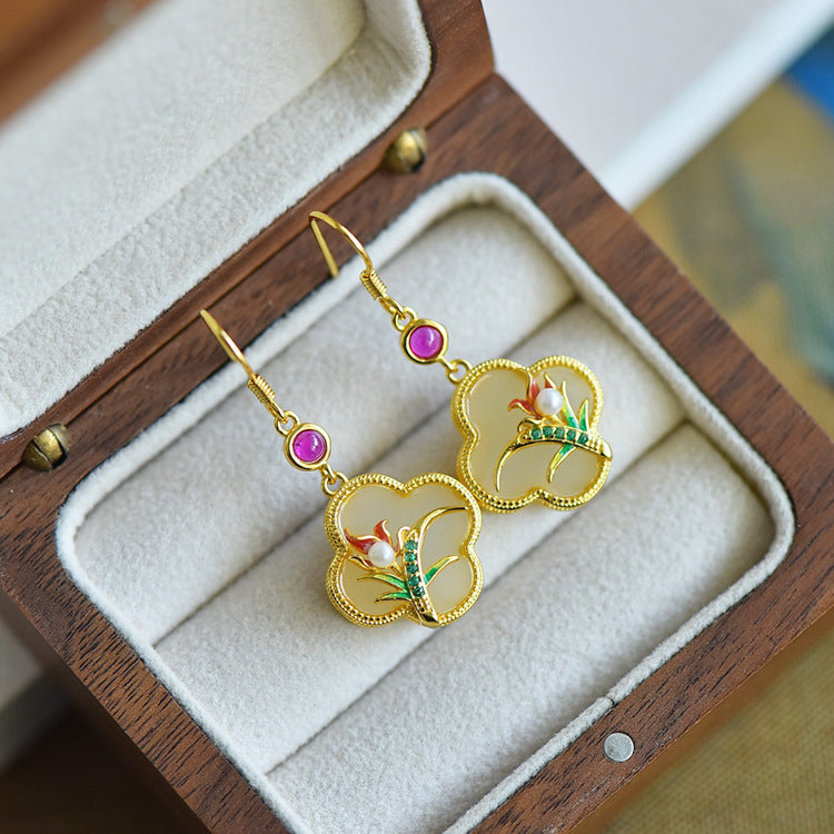 Gold Art Vintage Chinese style Hetian jade earrings - 925 silver gold plated, enamel bamboo, pearls and certified, suitable for daily and special occasions