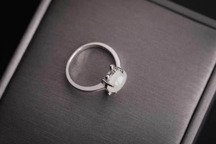 Gold Art With appraisal certificate｜925 sterling silver inlaid with Hetian jade cute rabbit ring  Diamond ear claw design is full of sense｜Daily / Dating / Natural jade + sweet and cute style, girly heart sniper!