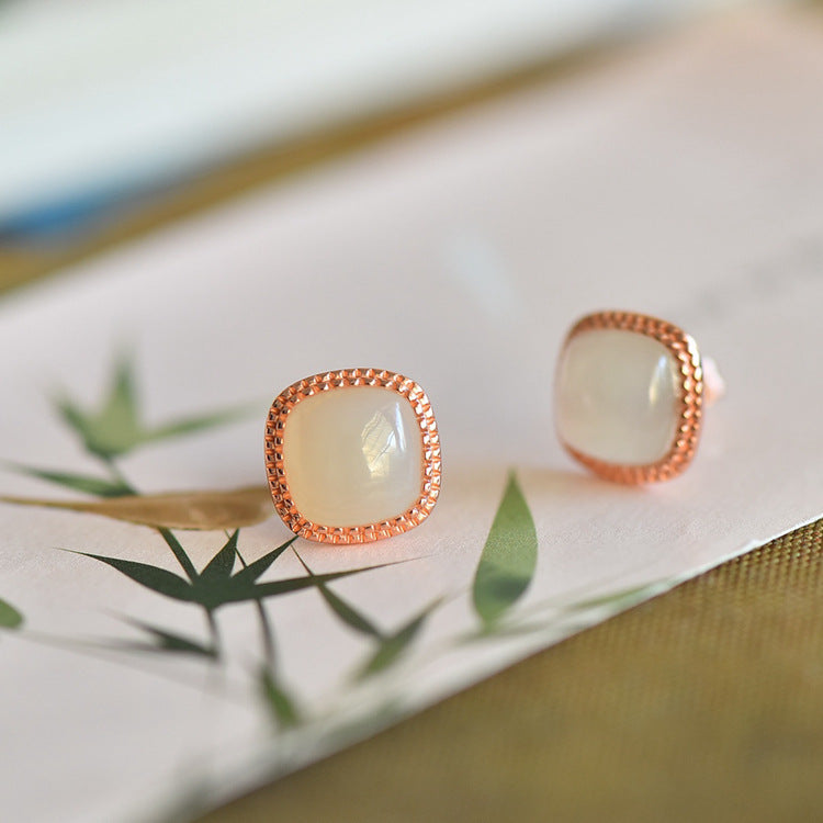 Gold Art Natural Hetian Jade Gold Plated Square Stud Earrings - Perfect for Everyday Wear and Special Occasions
