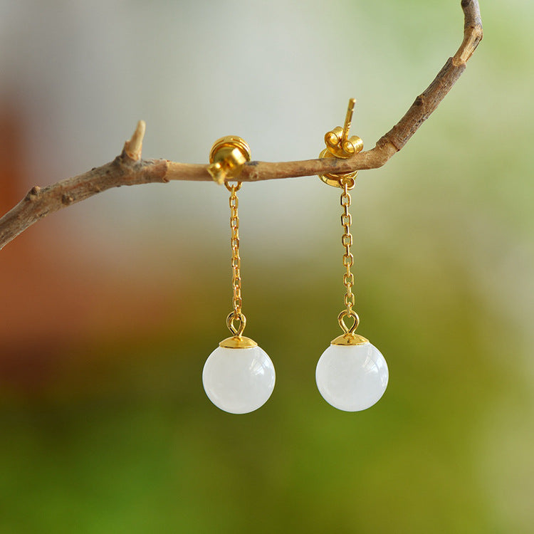 Gold Art Certified Hetian Jade Drop Earrings in 925 Silver – 10mm Beads for Everyday, Events & Gifting